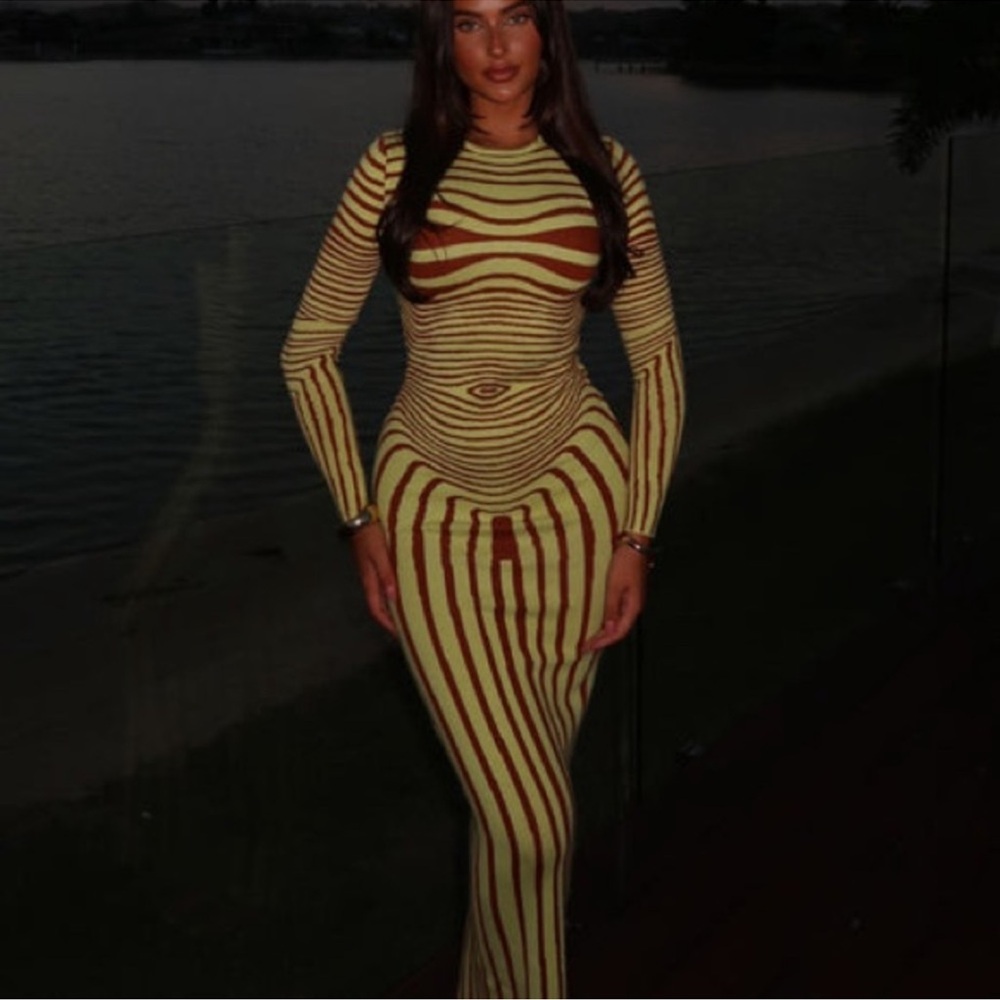 Fashion Nova transform you Yellow and Brown Long Sleeve Dress
